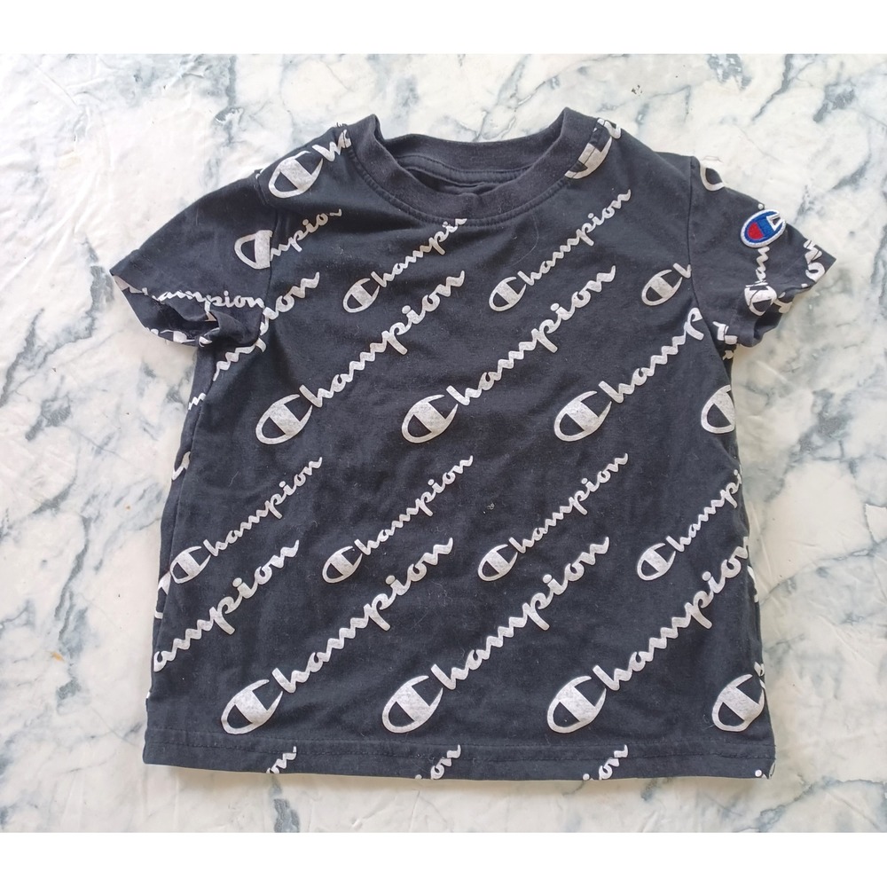 Champion T-Shirt Toddler 2T Black All Over Print Logo Short Sleeve Crewneck Tee